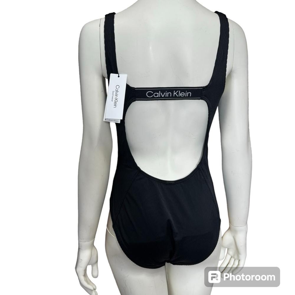 Calvin Klein Black Ribbed Open Back One Piece Swimsuit Size Large NWT